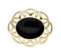 9ct Yellow Gold Whitby Jet Large Flower Brooch - Yellow Gold 21888