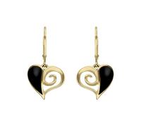 9ct Yellow Gold Whitby Jet Swirl Heart Hook Drop Earrings - Yellow Gold