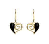 9ct Yellow Gold Whitby Jet Swirl Heart Hook Drop Earrings - Yellow Gold SGN-411