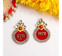 9Dzine Fabric Shubh Labh Sticker 1 Pair Diamonds Floral Oval Shubh Labh Sticker for Main Door Entrance Wall Hangings Stickers Diwali Decoration Mandir