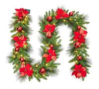 9Ft/2.7M Christmas Garland, Artificial Christmas Decoration Garland with LED Lights & Flowers & Balls, Reusable Xmas Garland for Stairs Front Door Window Fireplace Home Decoration