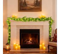 9FT/2.7M Christmas Garland Decoration with 50 Warm White LED Lights, PE Artificial Pine Green Garland for Fireplace Mantle Stairs Front