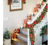 9FT / 2.7M Christmas Garland with 50 LED Fairy Lights Battery-Powered Festive Pine Wreath for Fireplace, Stairs & Door Holiday Decoration Kit with Ornaments