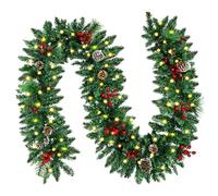 9FT/2.7M Christmas Garland with 50 LED Lights, 8 Modes Battery Operated Artificial Greenery with Silver Pine Cones Red Berries, Xmas Garland Decorations for Fireplace Stairs Tree Indoor Outdoor (B)