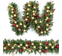 9FT/2.7M Christmas Garland with 50 LED Lights, 8 Modes Battery Operated Artificial Greenery with Silver Pine Cones Red Berries, Xmas Garland Decorations for Fireplace Stairs Tree Indoor Outdoor (A)