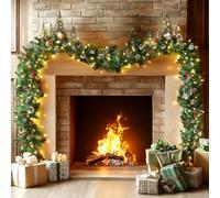 9FT/2.7M Christmas Garland with Lights,Light Up Xmas Garland with Pines&Berries for Fireplace Stair Front Door Table Porch Arch Mantle Garden Gate Staircase,Pre Lit Artificial Home Outdoor Decoration