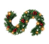 9FT/2.7M Christmas Garland - Xmas Garland with 3m 30 Lights, 220 Snow Tips | 198 Red Berries, 20-Tip PVC Soft Pine Needles, Perfect for Stairs, Fireplace, Doors, Outdoor & Home Christmas Decorations