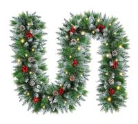 9FT/2.7M Snowy Christmas Garland with 50 Warm LED Lights, Red Berries, Pine Cone with Snow Decorated, for Wreath Xmas Tree Fireplaces Stairs Doors Xmas Tree Garden Yard Holiday Decor, Battery Operated