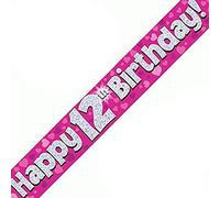 9ft Banner Happy 12th Birthday Pink Holographic