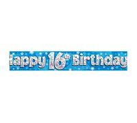9ft Banner Happy 16th Birthday Blue Holographic