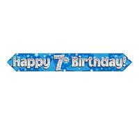 9ft Banner Happy 7th Birthday Blue holographic