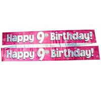 9ft Banner Happy 9th Birthday Pink holographic