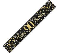 9ft Banner Sparkling Fizz 90th Birthday Black & Gold Holographic