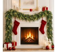 9FT Cedar Christmas Garland with Lights, Xmas Artificial Garlands Faux Greenery for Fireplace Stairs Mantle Table Home Indoor Outdoor Holiday Decoration, Thick & Heavy Duty 1.8kg, 6 Light Modes