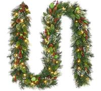 9FT Christmas Garland, Realistic Pine Garland | Holiday Wreath Decorated with Pine Cones, Red Berries, Frosted Sprigs, Pre-Lit Warm White LEDs, Mantel Stair Decor