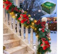 9FT Christmas Garland with 100 Lights Battery Operated,Artificial Prelit Garland with Red Balls,Pine Cones,Cedar Branches,for Christmas Decorations Outdoor Indoor Holiday Home Fireplace Decor-Gift Box