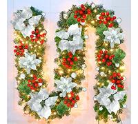 9FT Christmas Garland with 30 LED Lights, Vothen Prelit Artificial Christmas Garland Decorations with Silver Flowers,Balls, Berries, Greenery Xmas Garland for Indoor Stairs Mantle Fireplace Decor 2.7M