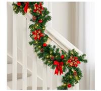 9FT Christmas Garland with 40 LED Lights - Holiday Garland with Baubles & Bows for Indoor/Outdoor Use - Battery Operated Xmas Garland for Stairs, Fireplace Mantel, Porch & Front Door
