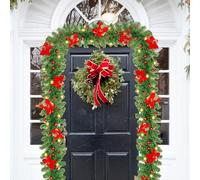 9ft Christmas Garland with Lights - Green Holiday Garland Decorations for Home Stairs, Fireplace, Front Door, Warm White LED, Red Flowers & Berries, Perfect Christmas Banister, Indoor & Outdoor Decor