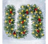 9FT Christmas Garland with Lights Pre-lit Decorated Garlands Snow Christmas Garland with 50 LED Lights Fireplace Stairs Artificial Wreath Pines Berries Xmas Garlands for Home Decoration Indoor Outdoor