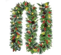 9ft Christmas Garland with Snow, Pinecones, Red Berry,50 Battery Operated Soft White LED Lights with Timer,Artificial Holiday Decoration Door Outdoor