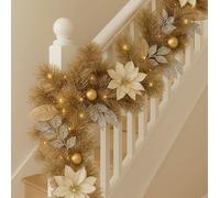 9FT Luxury Gold Christmas Garland Pre Lit 20LEDs, Crestwood Fir Artificial Decoration, Warm Bright White Switchable, Magnolia Flowers & Gold Baubles, Battery Timer Stairs Fireplace 2.7M