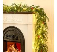 9FT Norfolk Pine Garland with Lights, Pre-Lit Christmas Garland with Red Berries and Eucalyptus Leaves, Real Touch Christmas Garland for Table, Mantle, Fireplace, Stairs & Christmas Decorations