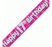 9ft Banner Happy 17th Birthday Pink Holographic