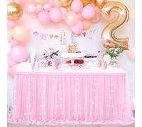 9FT Pink Tulle Table Skirt 2 Layer Tutu Table Skirts Tablecloth with LED for Baby Shower Sweetheart Cake Table Decoration
