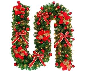 9ft Pre lit Artificial Green Christmas Garland Reusable Festive Decoration for Indoor & Outdoor Use Ideal for Mantels, Staircases, Doorways, Windows, Tables (Decorative Green Garland, 9ft)