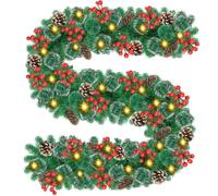 9ft Pre-Lit Christmas Garland,2.7m Artificial Christmas Garland Decorations | with 30 LED Light and Pine Cones, Red Berry Greenery Xmas Garland for Tree,Stairs,Fireplace