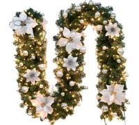 9ft Pre-Lit Christmas Garland Warm Lights Frosted Pine Mixed Xmas Decor | Flexible bendable branches, weatherproof indoor outdoor use, reusable artificial pine foliage, easy mantel stair arch decor