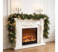9FT Pre-Lit Pine Garland, 30PCS 1.57” Red Christmas Balls, 5M 50 LED Warm & White Lights Steady Flash Mode, Indoor Outdoor Farmhouse Holiday Decor