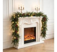9FT Pre-Lit Pine Garland, Artificial Greenery with Pinecones Berries, 5M 50 LED Warm & White Lights Steady Flash Mode, Indoor Outdoor Farmhouse Fireplace Mantel Decor