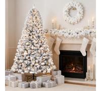 9FT PreLi Christmas Tree, Snow Flocked Artificial Xmas Tree with 2096 Branch Tips & Foldable Metal Stand, Holiday Party Decorations for Home Office, Easy Assembly