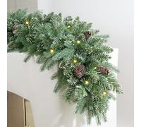 9FT Prelit Christmas Garland Decorations 50 White Light, Snow Xmas Garland with Lights, Pulg in, for Outdoor Indoor, Home Decoration Mantle Stairs Railing Fireplace Outdoor Indoor Door