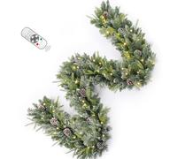 9FT Prelit Christmas Garland Decorations Snow with Dual Color LED Lights and Timer by Remote Control and Batteries Operated, Home Mantle Stairs Railing Fireplace Outdoor Indoor Wall
