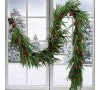 9FT Realistic Norfolk Pine Christmas Garland with Lights, Red Berry for Stairs Fireplace Decor