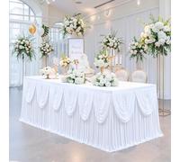 9FT White Polyester Pleated Table Skirt for Baby Shower Wedding Banquets Bridal Shower Buffet Birthday Classical Valance Ruffle Table Skirt for Rectangle or Round Tables