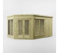 9ft x 13ft Wooden Corner Summerhouse With Side Shed Tongue & Groove 9x13