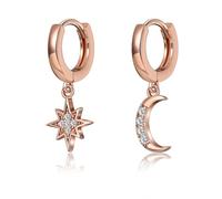 9K/14K/18 Carat White Gold Hoop Engagement Earrings for Women, Moon and Star with Diamond, Earrings for Women Silver