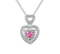 9K White Pendant Necklace for Women, Charm Choker Dainty Necklaces Double Hollow Heart with Pink Lab Sapphire and Diamond Chain Women