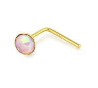 9K Yellow Gold Bezel Set 1.5MM Pink Opal Stone 22 Gauge L Bend Nose Stud Piercing Jewellery