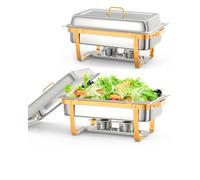 9L Chafing Dish Buffet Set 2 Pack, Gold Plating Stainless Steel Food Warmer Buffet Server, Foldable Rectangle Warming Trays for Buffets with Lid, Chafers for Catering for Any Parties