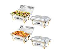 9L Chafing Dish Buffet Set 4 Pack, Stainless Stee Warming Containers, Foldable Rectangle Chafers for Catering, Buffet Server Food Warmer with Lid for Kitchen, Weeding, Party, Banque(Sliver and Gold)