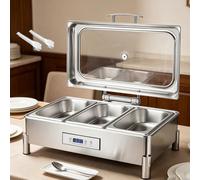 9L Chafing Dish Set with Clear Window, Stainless Steel, 30-90° Adjustable Temperature, Waterless Heating, Touch Screen, Commercial Electric Food Warmer for Parties, Weddings, Catering