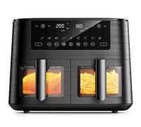 9L Dual Air Fryer with Visual Window, XL Large Capacity, 2 Drawers, 9-In-1 Cooking Presets, Touch Screen, Smart Finish, Timer Function, Dishwasher-Safe, Healthy Oil Free & Low Fat Cooking