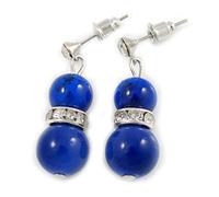 9mm Royal Blue Ceramic Bead With Crystal Ring Drop Earrings/ 30mm
