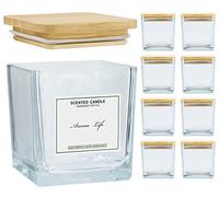 9pack, 10oz Square Candle Jars with Bamboo Lids, Thickened Glass Candle Containers with Warning Labels, Empty Candle Vessels for Candle Making DIY Craft