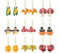 9Pairs Fall Earrings for Women Cute Squirrel Pine Cone Corn Maple Leaf Pumpkin Turkey Earrings Autumn Thanksgiving Earring Autumn Thanksgiving Jewelry Gift, XL, Alloy Steel, No Gemstone